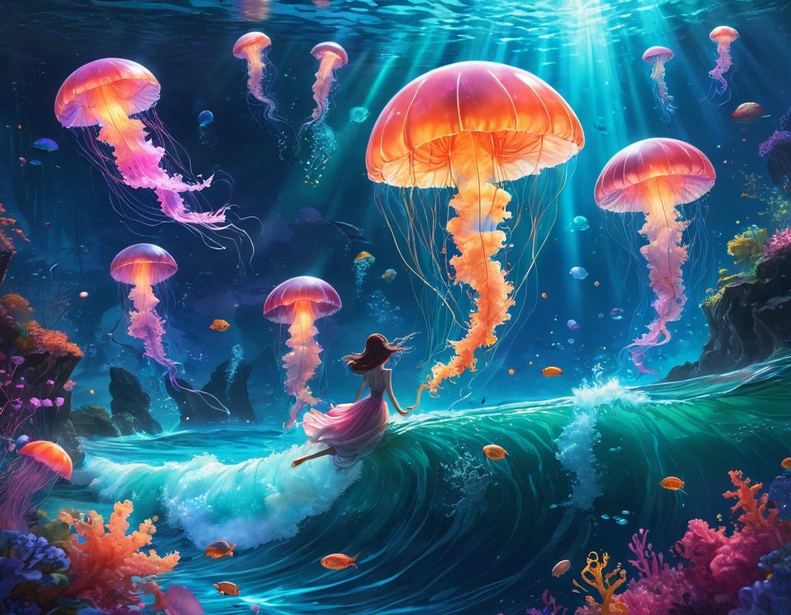 A whimsical blend of fantasy elements featuring a vibrant underwater scene with ethereal, colorful jellyfish and magical sea creatures. Add anime-inspired characters engaged in dynamic poses, playfully riding the waves. The backdrop should be a dreamlike ocean filled with swirling colors, sparkling lights, and abstract shapes that capture the essence of adventure and allure in adult animation. vivid colors. surrealistic. vibrant atmosphere.