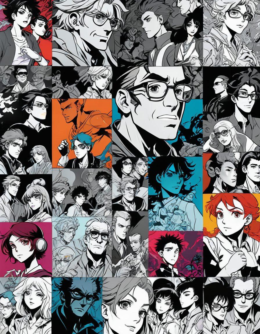 A dynamic collage showcasing the evolution of adult animation from manga to motion. The left side features vibrant manga panels with intricate details, transitioning into a vivid animated scene, emphasizing character movement and expression. Include iconic elements from various styles like classic 2D, modern 3D animation, and cel shading. The background should blend subtly from ink textures to digital art. vibrant colors. super-realistic. dynamic composition.