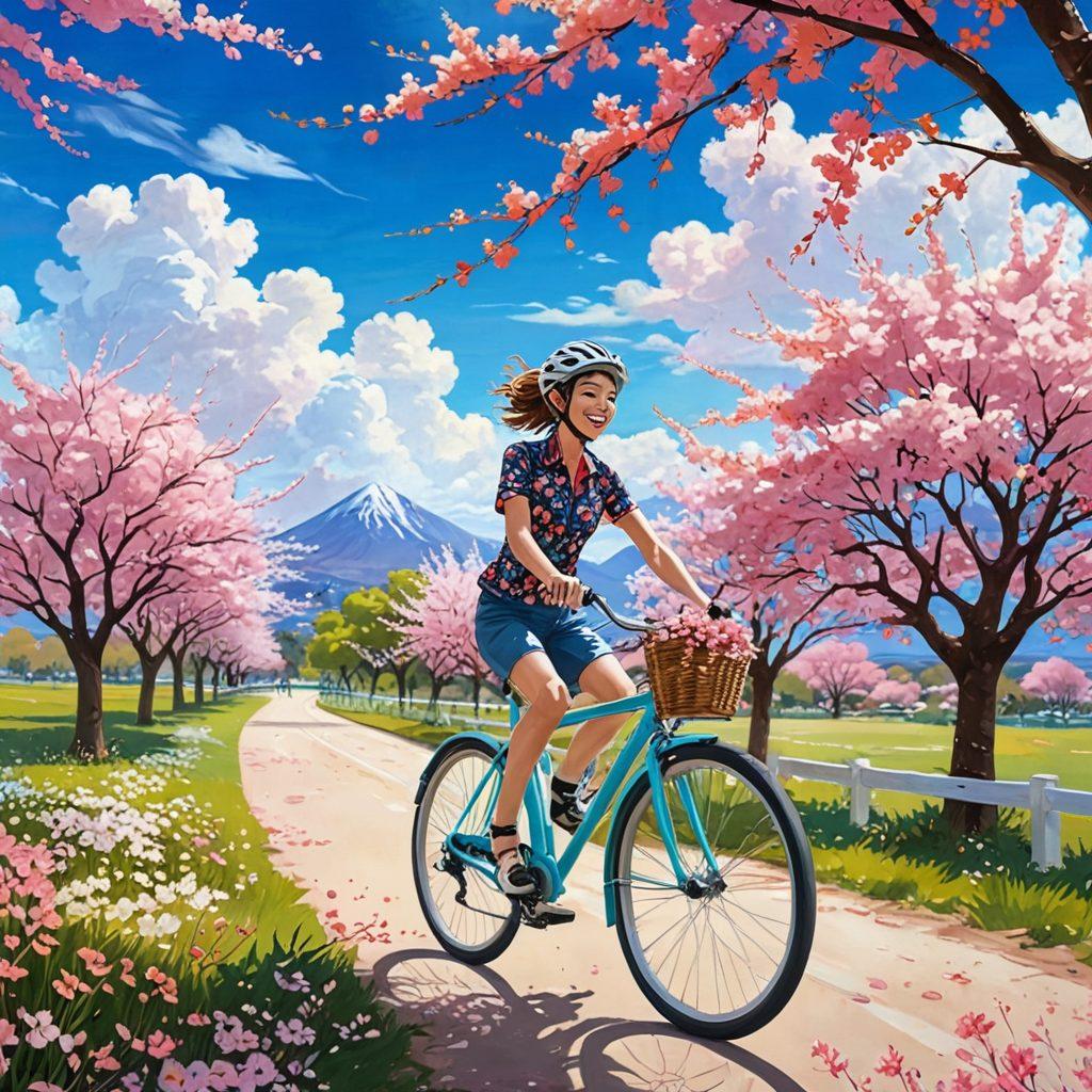 A whimsical scene where a cyclist joyfully rides through a vibrant world filled with anime characters and erotic art elements, blending fantasy and sensuality. The landscape features colorful cherry blossoms and playful clouds while dynamic, exaggerated expressions of joy and pleasure on the anime figures enhance the atmosphere. Soft lighting creates an inviting and dreamy effect. cartoon style. vibrant colors. whimsical.